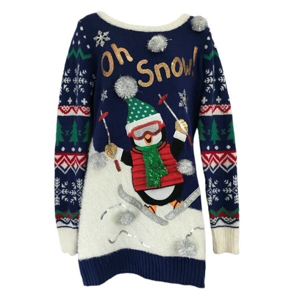 Kohls NWT Women Small Ugly Christmas Sweater 3D Penguin Skiing Pullover MSRP $50 - Picture 1 of 12